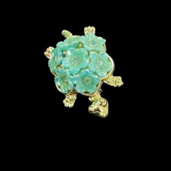 Vintage Blue Flower Gold Tone Turtle Brooch 1960s Cute Figural Pin - Picture 14 of 15